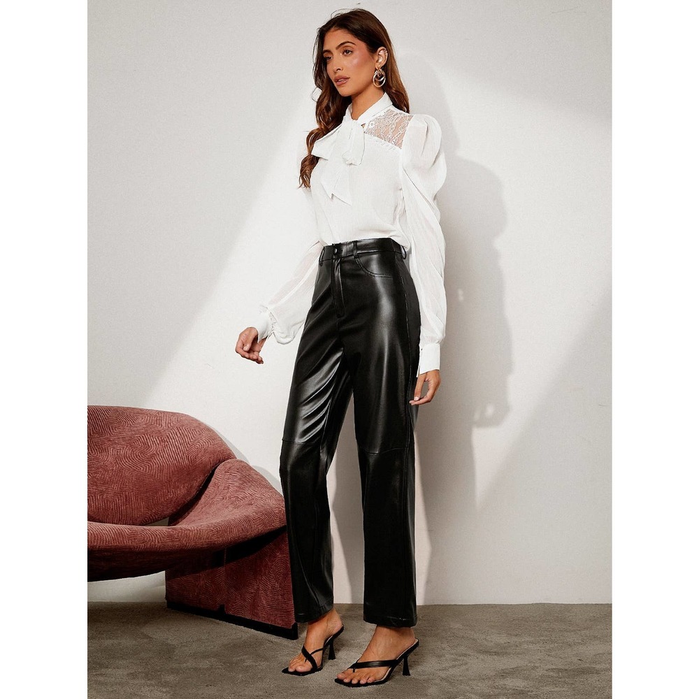 High Waist vegan Leather straight leg Pants black - Picture 6 of 6